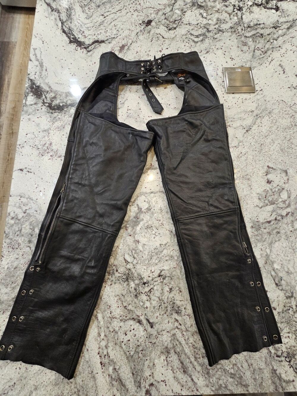 Street & Steel Leather Chaps Mens L Motorcycle Riding Heavy Duty Deep Pocket